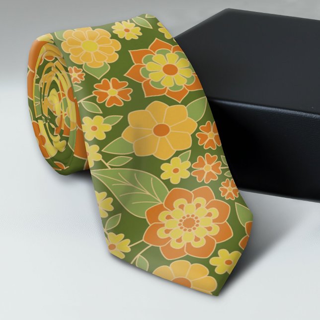 Retro Flowers - olive green orange gold Tie (Trendy Neck Tie Pattern)