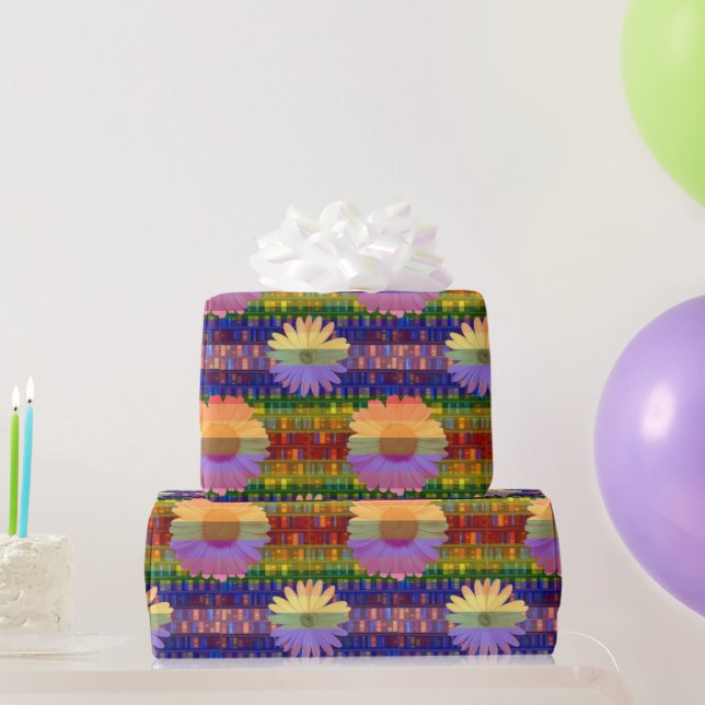 Retro Flowers on Bookshelves Birthday Wrapping Paper (Party Gifts)