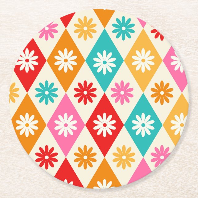 Retro Flowers on Colourful Harlequin Diamonds  Round Paper Coaster (Front)
