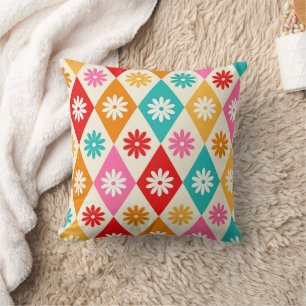 Retro Flowers on Colourful  Harlequin Diamonds  Throw Pillow