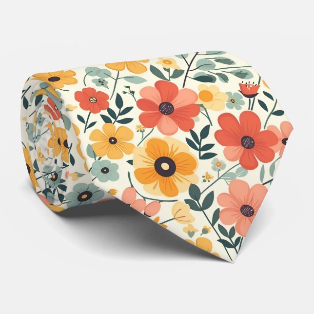 Retro Flowers On Lemon Yellow Tie (Rolled)