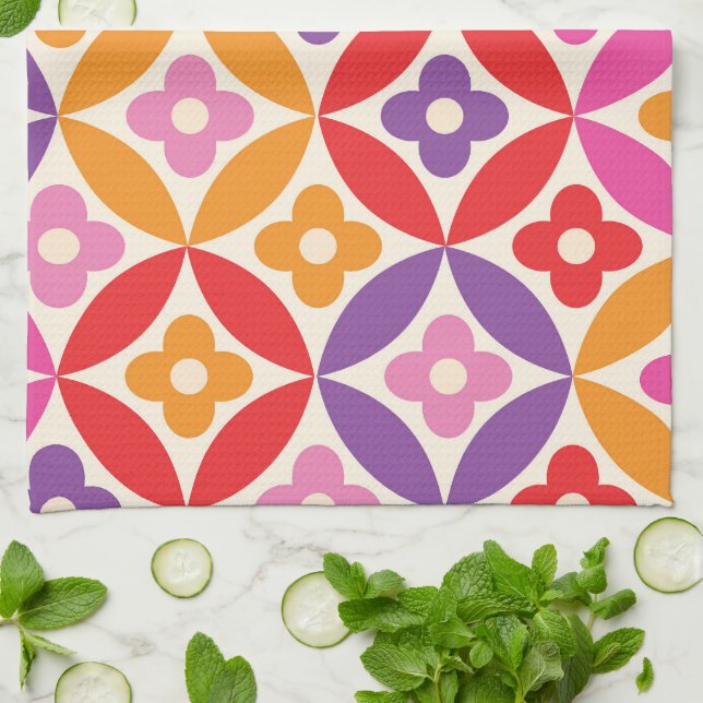 Retro  Flowers on Mid Century Circles Pattern  Kitchen Towel (Folded)