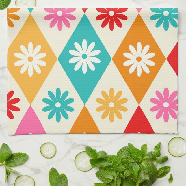 Retro Flowers on Mid Century Diamonds Pattern Kitchen Towel (Folded)