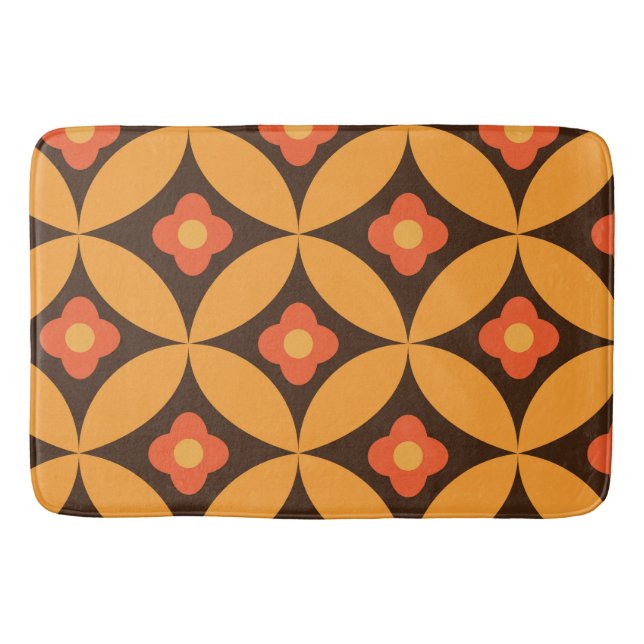 Retro Flowers on mid century orange circles   Bath Mat (Front)