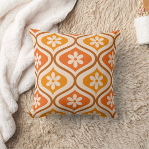 Retro flowers on orange and amber ogee pattern throw pillow