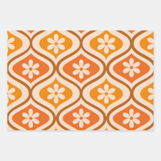 Retro flowers on orange and amber ogee pattern wrapping paper sheet