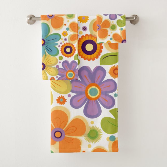 Retro Flowers Orange Lilac and Green Bath Towel Set (Insitu)