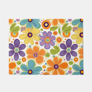 Retro Flowers Orange Lilac and Green Doormat