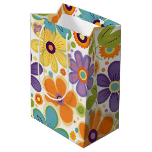 Retro Flowers Orange Lilac and Green Medium Gift Bag