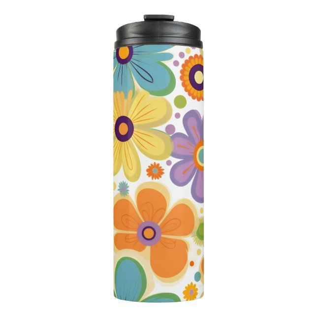 Retro Flowers Orange Lilac and Green Thermal Tumbler (Front)