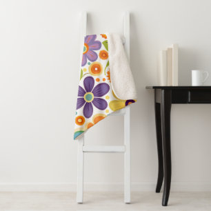 Retro Flowers Orange Lilac Green Sherpa Blanket
