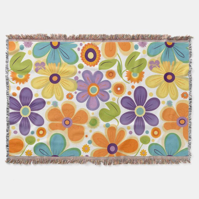 Retro Flowers Orange Lilac Green Throw Blanket (Front)