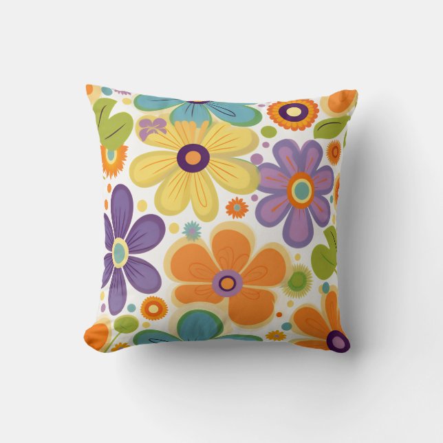 Retro Flowers Orange Lilac Green Throw Pillow (Front)