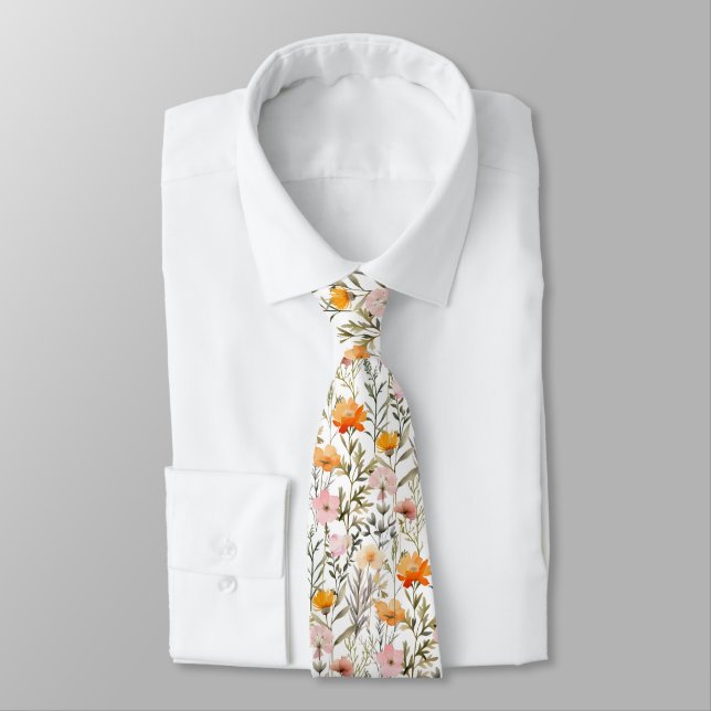 Retro Flowers Pattern Bright Wildflowers Pattern Tie (Tied)