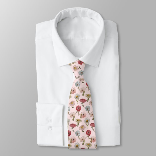 Retro Flowers Pattern Poppies Tie (Tied)