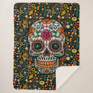 Retro Flowers Pattern Sugar Skull Sherpa Blanket