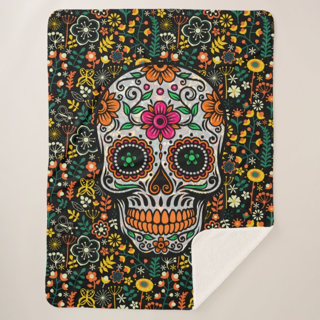 Retro Flowers Pattern Sugar Skull Sherpa Blanket (Front)
