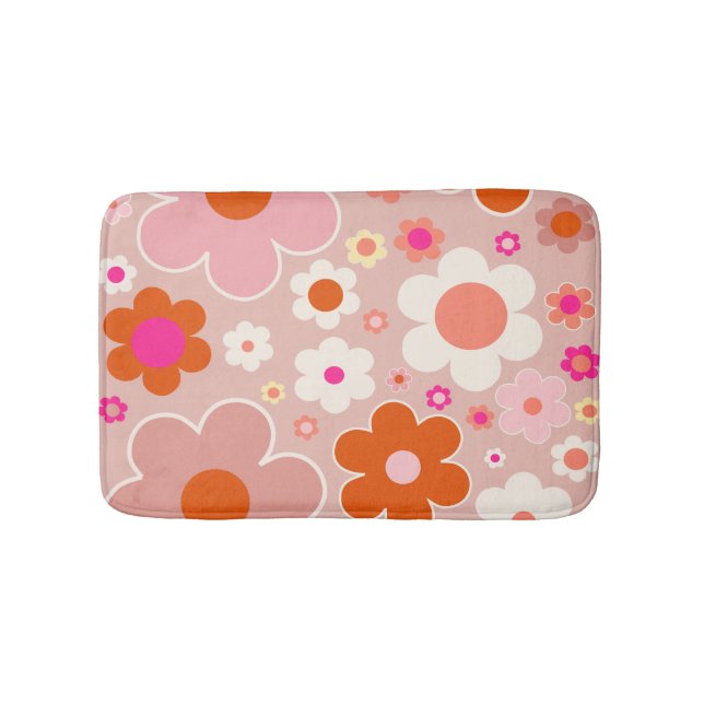 Retro Flowers Peach Blush Pink Orange Floral Bath Mat (Front)