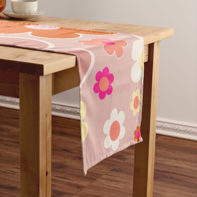 Retro Flowers Peach Blush Pink Orange Floral Short Table Runner (In Situ)