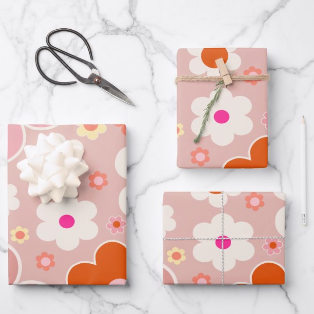 Retro Flowers Peach Blush Pink Orange Floral Wrapping Paper Sheet (Front)
