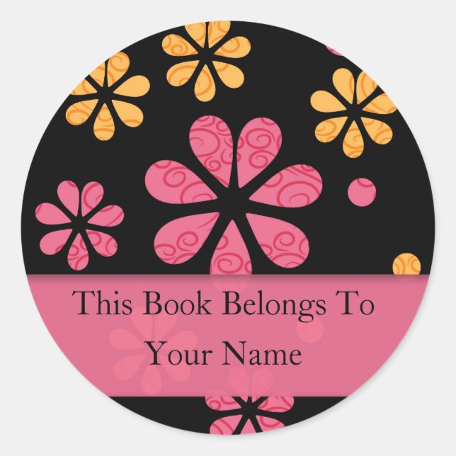 Retro Flowers Personalized Bookplates : Pink Classic Round Sticker (Front)