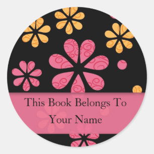 Retro Flowers Personalized Bookplates : Pink Classic Round Sticker