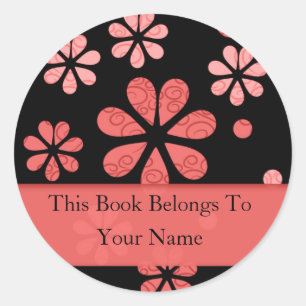 Retro Flowers Personalized Bookplates : Red Classic Round Sticker