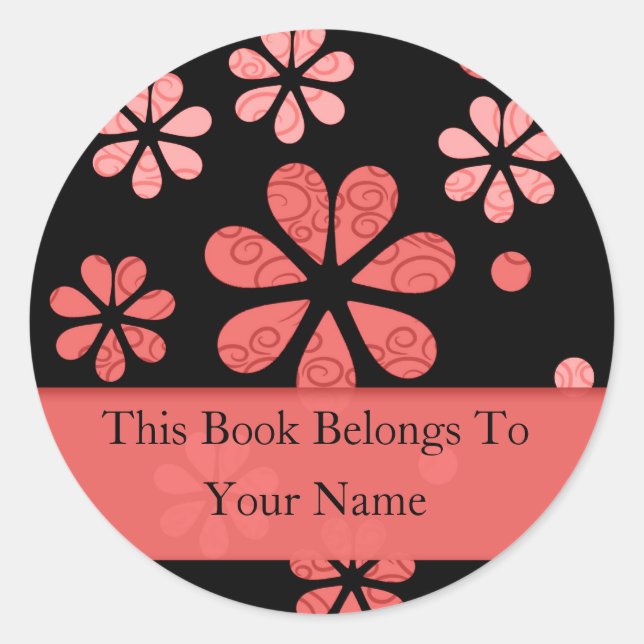 Retro Flowers Personalized Bookplates : Red Classic Round Sticker (Front)