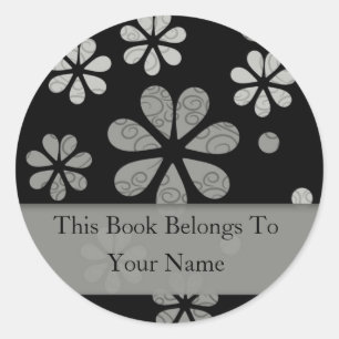 Retro Flowers Personalized Bookplates : Silver Classic Round Sticker