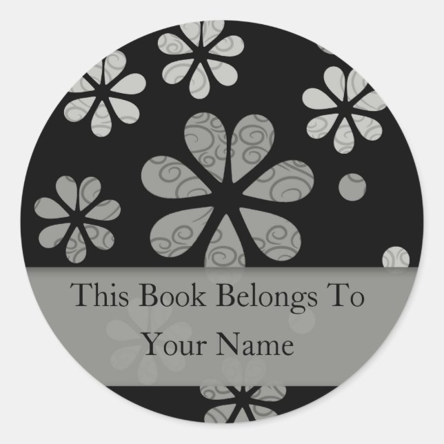 Retro Flowers Personalized Bookplates : Silver Classic Round Sticker (Front)