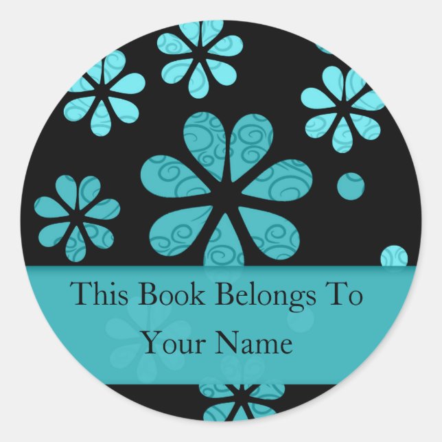 Retro Flowers Personalized Bookplates : Teal Classic Round Sticker (Front)
