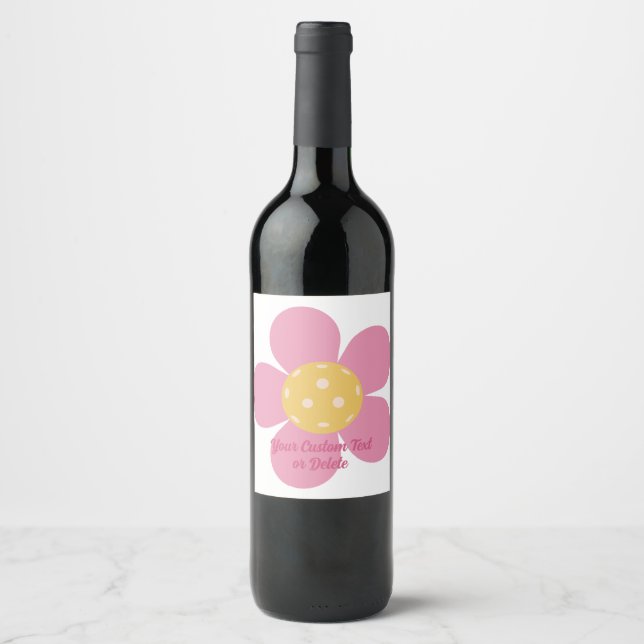 Retro Flowers Pickleball Party Personalized Text Wine Label (Front)