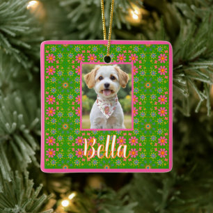 Retro Flowers Pink Yellow Blue Orange Butterflies  Ceramic Ornament