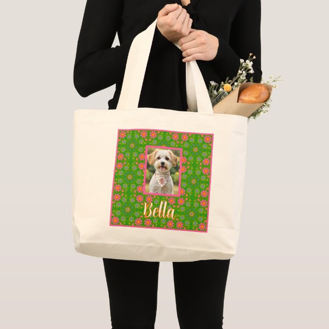 Retro Flowers Pink Yellow Blue Orange Butterflies  Large Tote Bag (Front (Product))