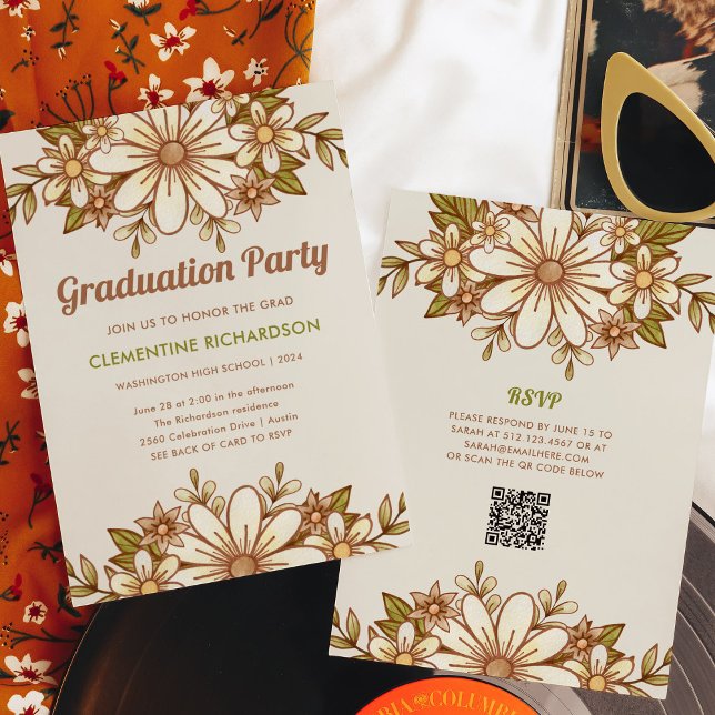 Retro Flowers | QR Code 2024 Graduation Party Invitation (A trendy, retro floral invitation for your grad party, with scannable QR code to rsvp)