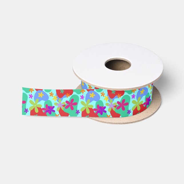 Retro Flowers seamless pattern coloured Satin Ribbon (Spool)