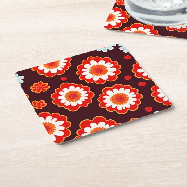 Retro flowers theme party  square paper coaster (Angled)