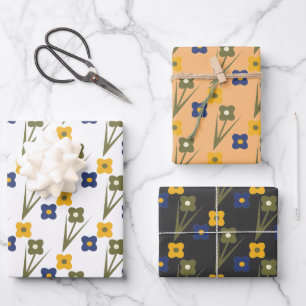 Retro Flowers Yellow Blue Garden Pattern Wrapping Paper Sheet