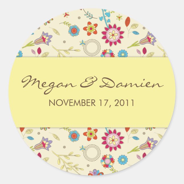 Retro Flowers · Yellow · Save the Date Sticker (Front)