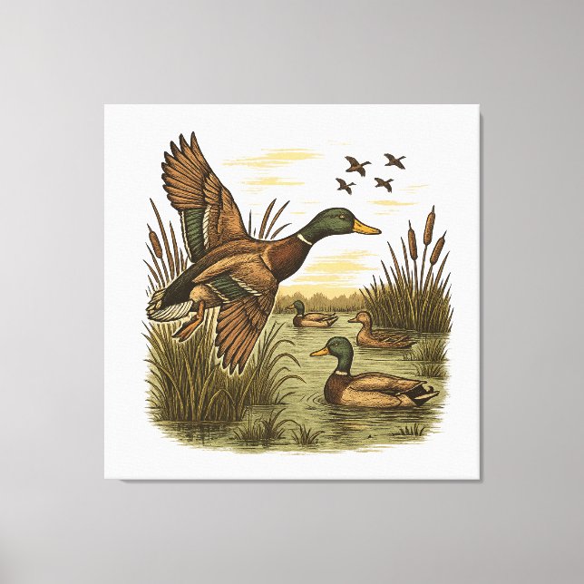 Retro-Flying-Mallard-Duck-Hunting Canvas Print (Front)