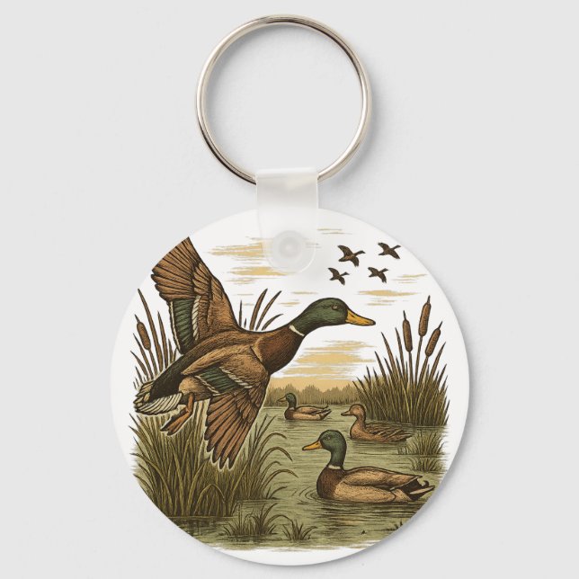 Retro-Flying-Mallard-Duck-Hunting,  Keychain (Front)