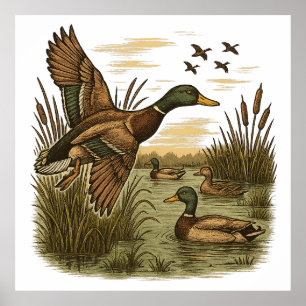 Retro-Flying-Mallard-Duck-Hunting, Poster