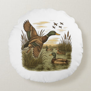 Retro-Flying-Mallard-Duck-Hunting Round Pillow