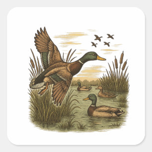 Retro-Flying-Mallard-Duck-Hunting, Square Sticker