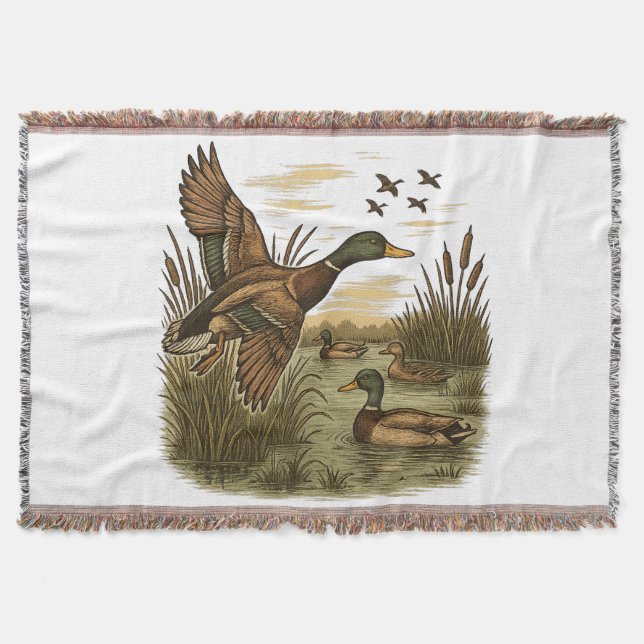 Retro-Flying-Mallard-Duck-Hunting Throw Blanket (Front)