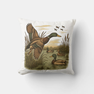 Retro-Flying-Mallard-Duck-Hunting Throw Pillow