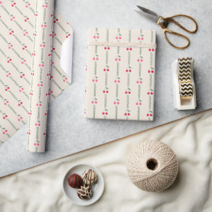 Retro Folk Art Farmhouse Cherry Stripes on Cream Wrapping Paper