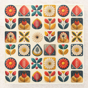 Retro Folk Art Floral Mosaic Design Glass Coaster