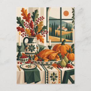 Retro Folk Art Turkey and Pumpkins Thanksgiving Ca Postcard
