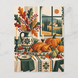 Retro Folk Art Turkey and Pumpkins Thanksgiving Ca Postcard